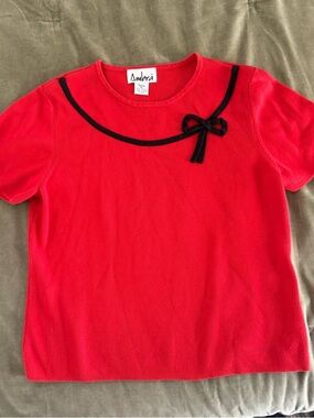 Ambra vintage Red Short-Sleeve sweater top with Black Trim and Bow